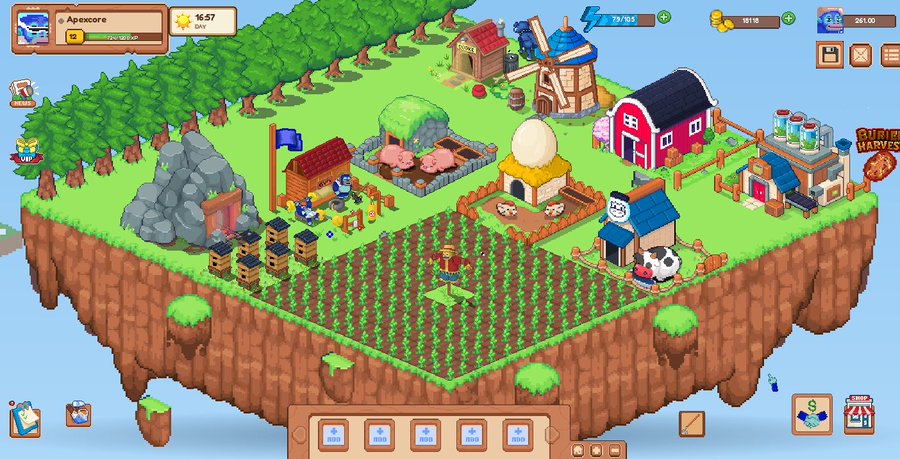 A screenshot of a cartoon-style farming simulation game called 'Apecore' featuring crops, farm animals, a windmill, and various buildings on a floating island.