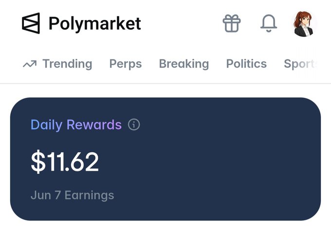 The image shows a screenshot of a PolyMarket account with information about daily rewards earned by an individual. The screen displays details such as the amount earned, which is $11.62, and the number of days since the reward was received. Additionally, there is a line drawing of two girls in red dresses next to the text on the account page.