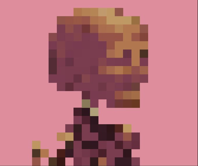 A pixel art character with maroon and orange tones against a pink background.