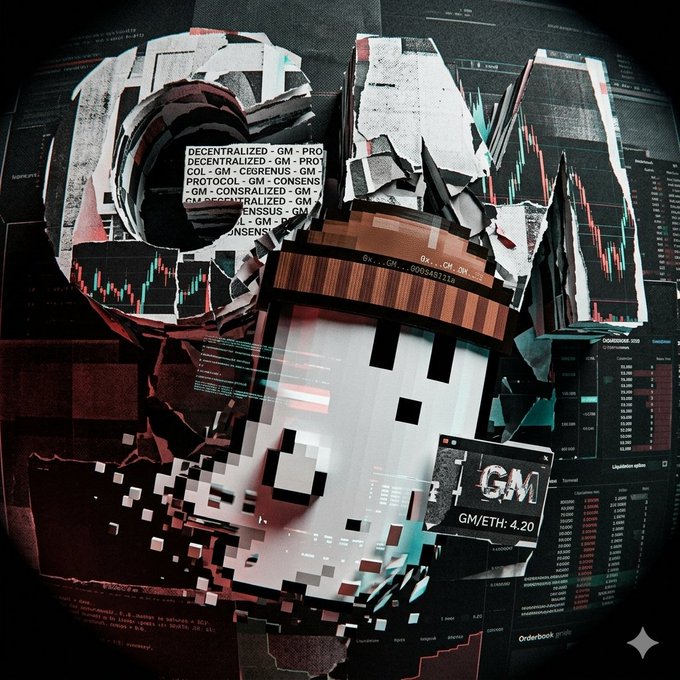 A stylized digital art collage featuring 'GM' (Good Morning) in large, fragmented letters with crypto-related text including 'DECENTRALIZED', 'PROTOCOL', 'CONSENSUS', and 'GM/ETH: 4.20' overlaid on a background of trading charts and order book data.