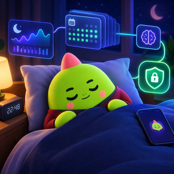 A cute green character with closed eyes sleeps in a bed while a smartphone on the blanket displays a matching icon, surrounded by floating digital widgets showing a moon, calendar, brain, and lock symbol.