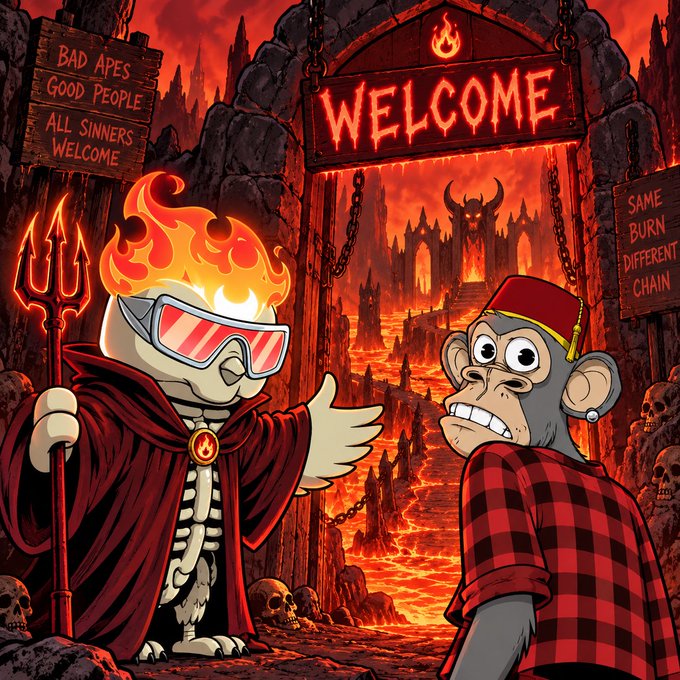 A cartoon illustration of a flaming skeleton figure and a nervous monkey in a red hat and plaid shirt at a fiery 'WELCOME' gate, with signs reading 'BAD APES GOOD PEOPLE ALL SINNERS WELCOME' and 'SAME BURN DIFFERENT CHAIN.'