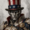 A close-up portrait of the patriotic vigilante character The Comedian from the Watchmen series, wearing an American flag-themed hat and smoking a cigarette.