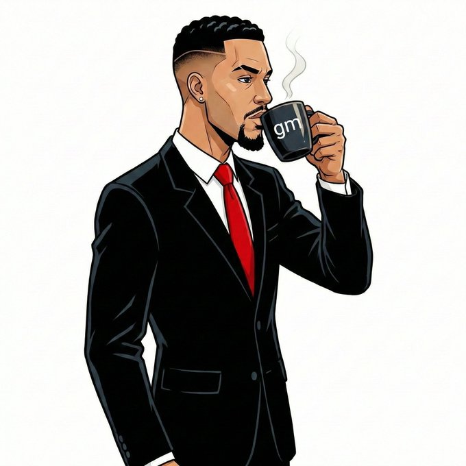 A cartoon-style illustration of a man in a black suit and red tie drinking from a black mug labeled 'gm'.