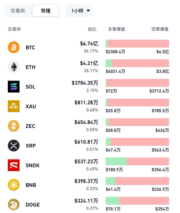 A Chinese-language cryptocurrency futures market dashboard showing 1-hour liquidation data with BTC ($6.74亿) leading, followed by ETH, SOL, XAU, ZEC, XRP, SNDK, BNB, and DOGE, all displaying predominantly long (空單) liquidations.