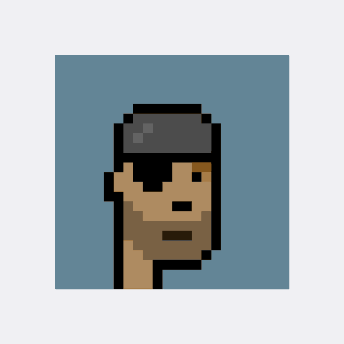 A pixel art portrait of a bearded man wearing a grey cap against a blue background.
