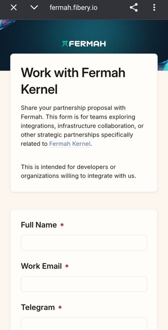 A mobile screenshot of a partnership proposal form at fermah.fibery.io titled 'Work with Fermah Kernel,' featuring empty fields for Full Name, Work Email, and Telegram.