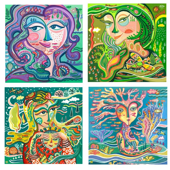 A grid of four highly stylized, colorful paintings depicting nature-inspired female figures, incorporating elements like fish, trees, coral, and flowers, with a signature 'OM' visible in the bottom left of the top-left and bottom-left panels.
