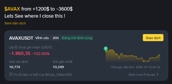 A trading interface in Vietnamese showing an AVAXUSDT long position with 20x leverage, displaying an unrealized loss of -1,960.35 USDT (-102.00%) with an entry price of 10,774 and liquidation price of 10,249.