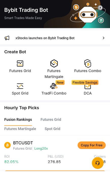 The image shows the Bybit Trading Bot interface featuring a "TradFi Combo" option marked as "New" alongside other bot types like Futures Grid and Futures Martingale, with an Hourly Top Picks section highlighting a BTCUSDT Futures Grid strategy showing 82.05% ROI and $276.85 P&L. This illustrates the TradFi Combo Bot feature mentioned in the post, which expands Bybit's automated trading beyond crypto into traditional assets like gold, forex, indices, and stock CFDs.