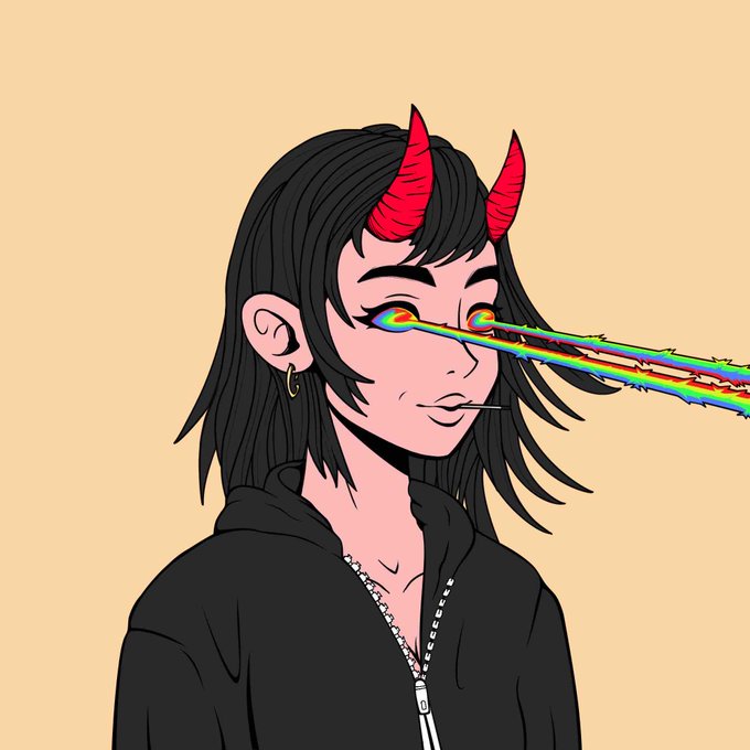 An anime-style illustration of a girl with black hair and red devil horns shooting rainbow-colored laser beams from her eyes against a beige background.