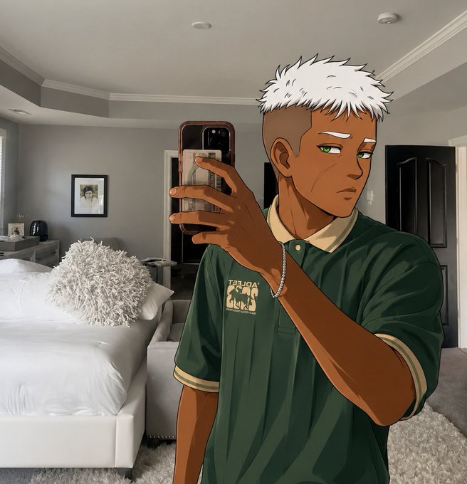 An anime-style character with white hair and green eyes takes a mirror selfie in a bedroom, wearing a dark green polo shirt with a gold "PRADA" logo and a silver bracelet on his wrist. The casual mirror selfie pairs with the "Gm CT, have a good Wednesday" post, setting a relaxed, morning-check-in vibe for followers.