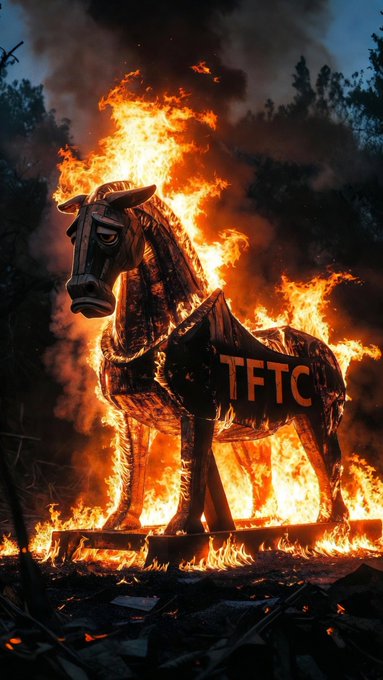 A dramatic image of a wooden Trojan Horse engulfed in flames at night, with the letters "TFTC" carved into its side, referencing "Tales from the Crypt."