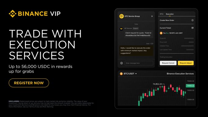 The image features an advertisement for a trading platform called "Binance VIP" that emphasizes its user-friendly interface. The background of the image consists of a black square, with a white vertical line running through the center. The main content of the image is an email invitation with text written in yellow and red colors, providing details about the platform's services such as trading, execution, and market analysis tools. There are three main points that catch the viewer's attention:
1. Up to $65,000 in rewards for users who use binance.com/execution-services to execute trades.
2. Unified Spot RFQ and Execution in one dashboard with a dedicated OTC trader on every order.
3. Availability until 19 July and the ability to access trading services on that date.