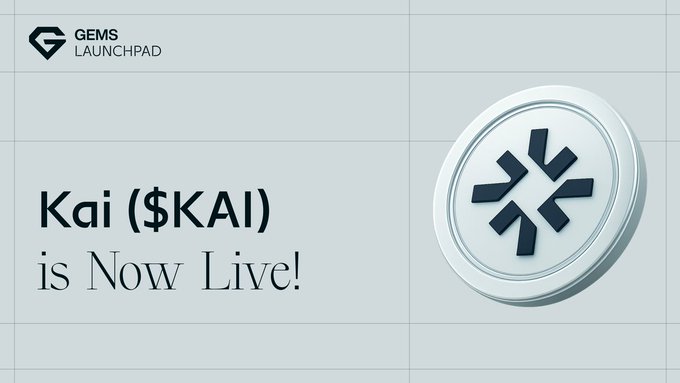 The image features a white circle with black text that reads "Kai (€KAI) is now live!". The background of the image is light blue, which contrasts nicely with the white circle and black text. The caption below the image provides information about the post, stating that it's a quick update on the waitlist for participants who joined in the past. It also mentions that there is still plenty to build and a lot of momentum ahead.