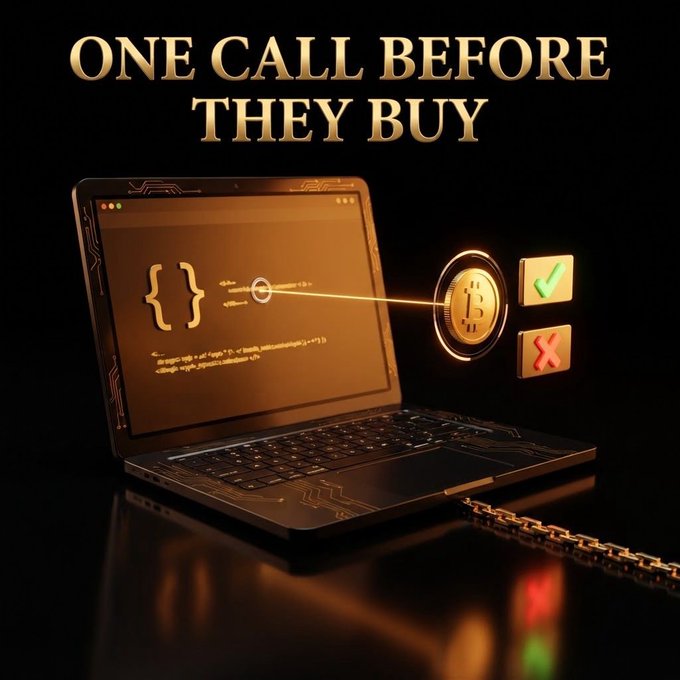 An advertisement-style image with the text 'ONE CALL BEFORE THEY BUY' showing a laptop with code, a Bitcoin coin, and checkmark/X buttons in gold lighting.