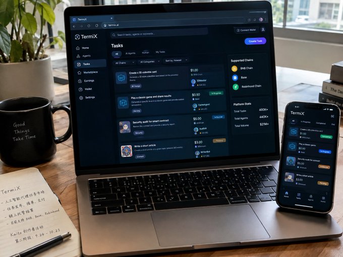 A laptop and smartphone on a desk display the TermiX platform, showing various tasks with payouts on Ink Chain, Base, and Robinhood Chain, alongside a coffee mug and handwritten notes.