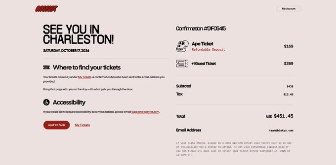 A ticket confirmation screen showing 'SEE YOU IN CHARLESTON!' for Saturday, October 17, 2026, with order details totaling USD $451.45 for an Ape Ticket and +1 Guest Ticket.