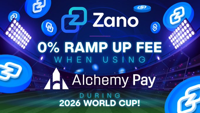 The image features a colorful background that includes coins falling from the sky, giving the impression of a virtual casino or stadium game. At the center of the photo is an announcement for the alignment of the 2026 World Cup with a virtual poker tournament at AlchemyPay. The text on the image displays "0% ramp fees on $ZANO through AlchemyPay during the 2006 World Cup! To celebrate the 2006 World Cup, @AlchemyPay is running 0% fees on fiat-to-crypto purchases from now until July 20, 6 PM (UTC+8).". The coins in the image also correspond to the virtual poker game.