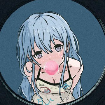 An anime-style illustration of a blue-haired girl blowing a pink bubblegum bubble, viewed through a circular frame.