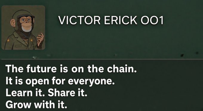 A digital profile card featuring a cartoon monkey in military attire named 'VICTOR ERICK OO1' with the text 'The future is on the chain. It is open for everyone. Learn it. Share it. Grow with it.'