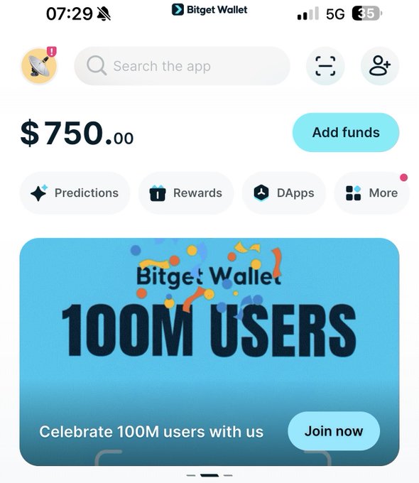 A Bitget Wallet mobile app home screen shows a $750.00 balance, navigation options for Predictions, Rewards, DApps, and a promotional banner celebrating 100M users.