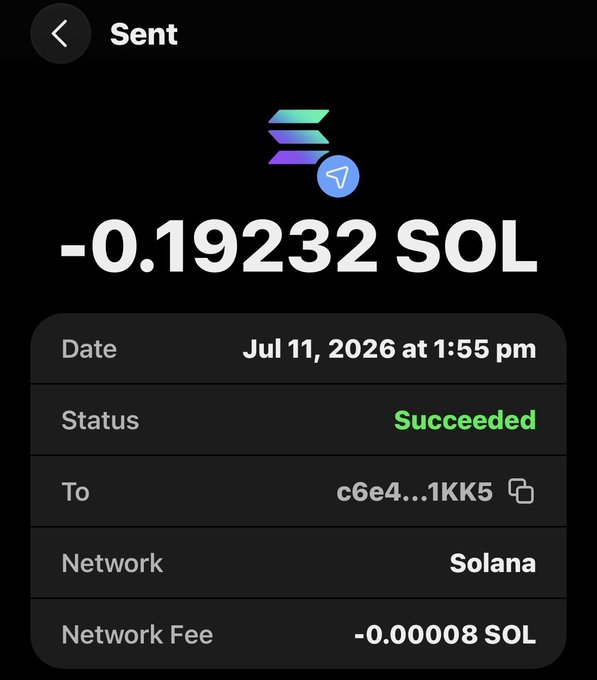 A transaction shows -0.19232 SOL was sent on Jul 11, 2026 at 1:55 pm via the Solana network. This image serves as proof of the money sent, as mentioned in the accompanying post by "@z1sh4rn".