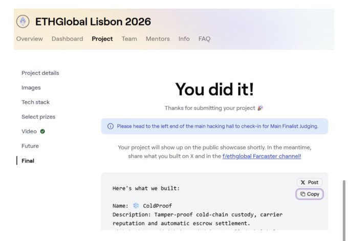 A screenshot of a submission confirmation page for "ColdProof" at ETHGlobal Lisbon 2026, featuring a "You did it!" overlay. The image shows the project description including details on tamper-proof custody and automatic escrow settlement.