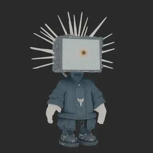 A designer toy figure with a CRT television for a head displaying a single eye, wearing a dark jacket and cargo pants against a black background.