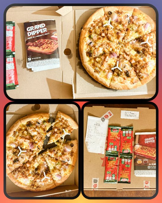 The image features a collage of three photos, each showcasing different aspects of pizza-related items. The first photo shows two pizzas with toppings placed inside a cardboard box. The second photo displays a pizza cut into slices, accompanied by a receipt for a pizza delivery service. The third photo captures the same two pizzas in their original packaging, along with some additional items such as pizza boxes and a pizza cutter.

The collage is related to a post on social media that highlights the importance of community support during events like the Pizza Prediction Candle Event. The image includes text that reads "Huge thanks to the amazing @bitgetSL community for this fantastic reward from the Bitget Pizza Prediction Candle Event. Special thanks to @Sasa44075930 for the continuous support and dedication to the community." This message emphasizes the value of the community's involvement in supporting events like these, as well as their appreciation for the pizza-related items featured in the collage.