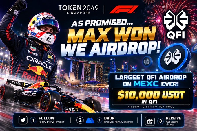 Promotional banner for a $10,000 USDT QFI token airdrop on MEXC, celebrating Max Verstappen's Formula 1 victory at the Singapore Grand Prix alongside Token2049, featuring an image of the Red Bull driver with instructions to follow QFI on Twitter, drop your MEXC QFI address, and receive the airdrop.