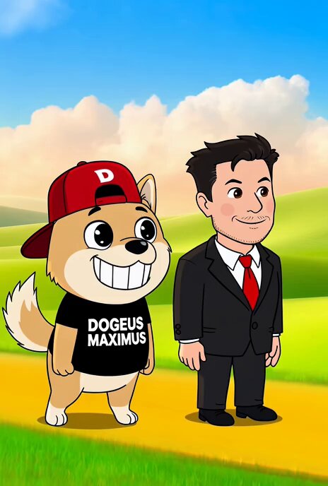 The image features a cartoon dog wearing a red hat with "D" written on it, standing next to a man dressed in a suit and tie. The background of the image shows a grassy field under a blue sky dotted with clouds. The caption at the bottom of the image reads, "I made a video using GROK, it actually looks pretty cool :D $DOGEUS and $ELONMUSK— two legends running together."