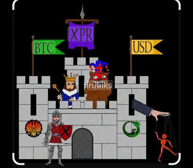 xtrp is written above a castle with a banner that reads "btc".