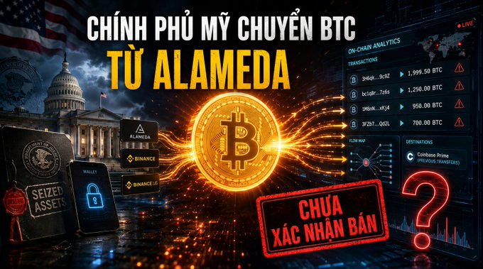 A Vietnamese news thumbnail about the US government transferring BTC from Alameda, with text "CHÍNH PHỦ MỸ CHUYỂN BTC TỪ ALAMEDA" and "CHƯA XÁC NHẬN BẢN?", showing the US Capitol, Bitcoin, and crypto transaction analytics.