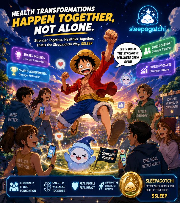 The image features a poster for a sleep app called "SleepingBetter" with an illustration of a man wearing a red shirt and a hat jumping into the air while holding a phone. The poster also includes text that encourages people to share their experiences, insights, and achievements on the app in order to promote better health through community participation.