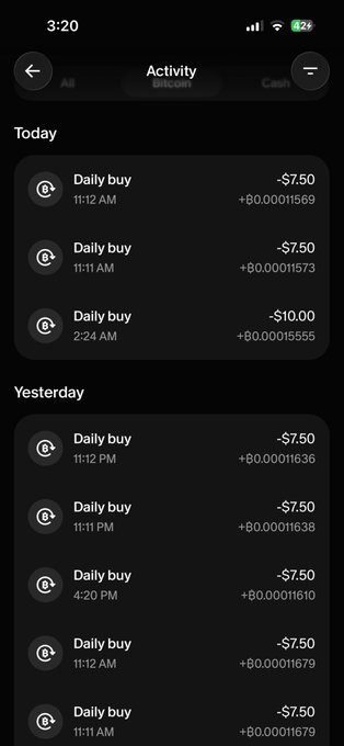 A screenshot of a Bitcoin "Activity" page on a mobile crypto app showing recurring daily purchases of $7.50-$10.00 in BTC, with multiple transactions listed under "Today" and "Yesterday" sections, illustrating the user's commitment to dollar-cost averaging Bitcoin with small daily buys.