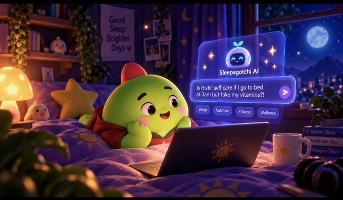 A 3D-rendered illustration of a cute green character in bed using a laptop at night, interacting with an AI chatbot called 'Sleepagotchi AI' about self-care routines, with category buttons for Sleep, Nutrition, Fitness, and Wellness.
