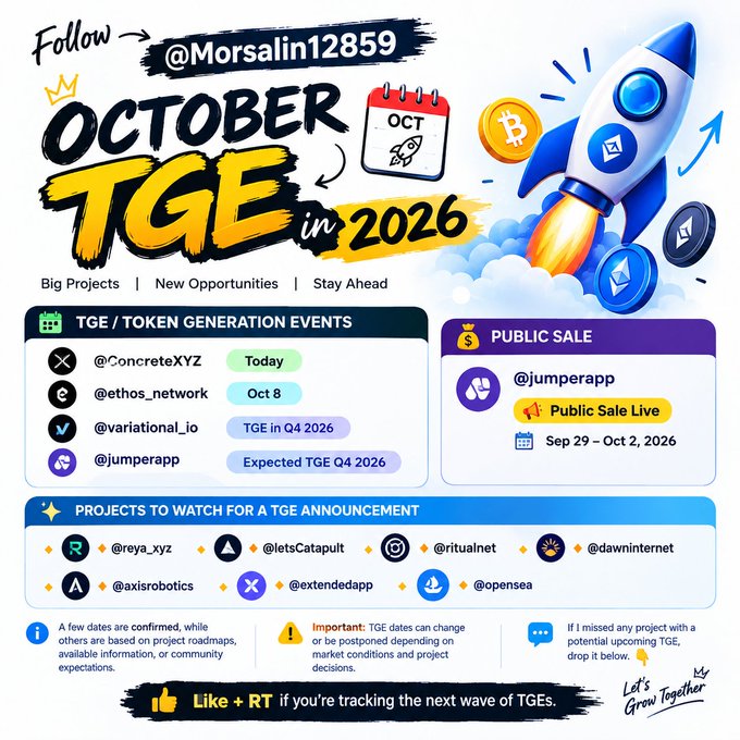 Promotional graphic titled 'OCTOBER TGE in 2026' by @Morsalin12859, listing Token Generation Events for projects like @ConcreteXYZ, @ethos_network, @variational_io, and @jumperapp, with a public sale scheduled Sep 29-Oct 2, 2026.