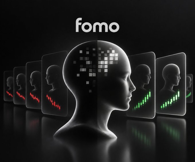 A stylized 3D graphic shows a figure with a grid-like brain, flanked by screens displaying red and green candlestick charts, with the word 'fomo' above.