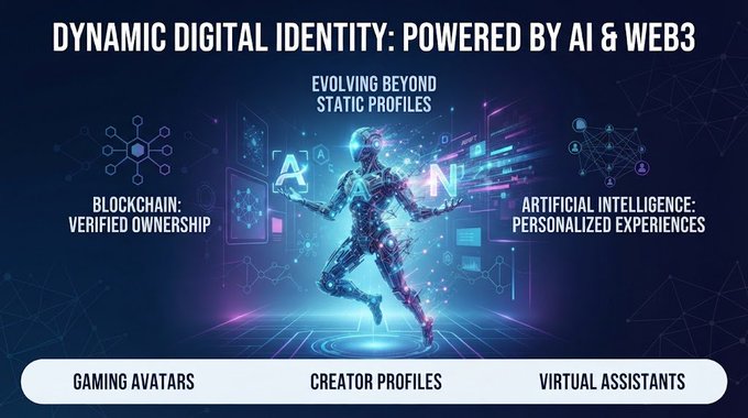 Promotional graphic titled 'DYNAMIC DIGITAL IDENTITY: POWERED BY AI & WEB3' featuring a neon digital avatar with text about Blockchain, AI, Gaming Avatars, Creator Profiles, and Virtual Assistants.