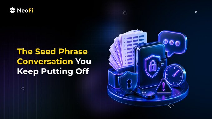 A NeoFi promotional graphic titled 'The Seed Phrase Conversation You Keep Putting Off,' featuring 3D illustrations of cryptocurrency security items including a lock, shield, clock, and phone.