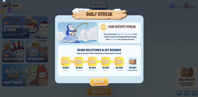 A 'DAILY STREAK' pop-up window from the game Pudgy World shows activity streak milestones with rewards at 10, 30, 60, 90, 120, and 150 days, currently at 100.