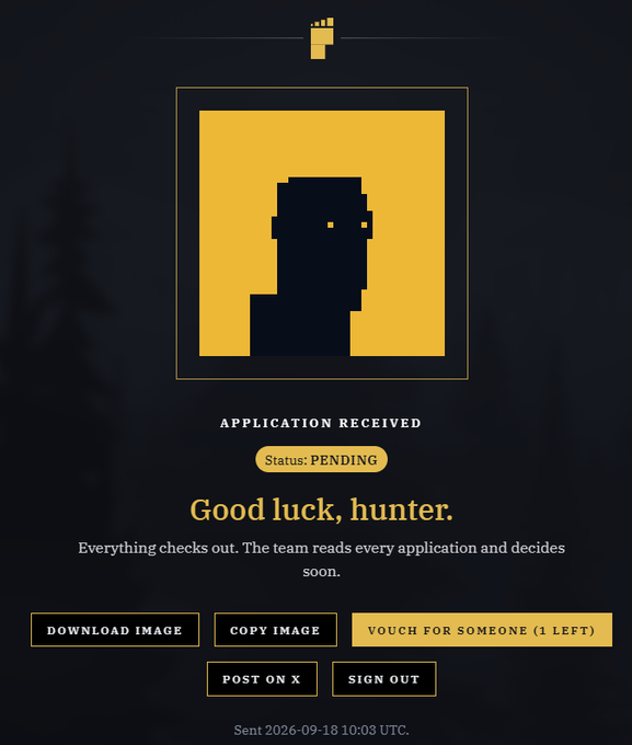 A screenshot of a 'Good luck, hunter.' application confirmation page with a pixelated yellow avatar, status 'PENDING', and buttons for downloading/copying the image and vouching.