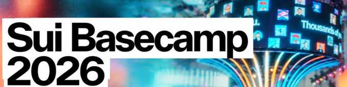 A promotional graphic featuring bold black text 'Sui Basecamp 2026' overlaid on a background showing a curved display with app icons and colorful data visualization.