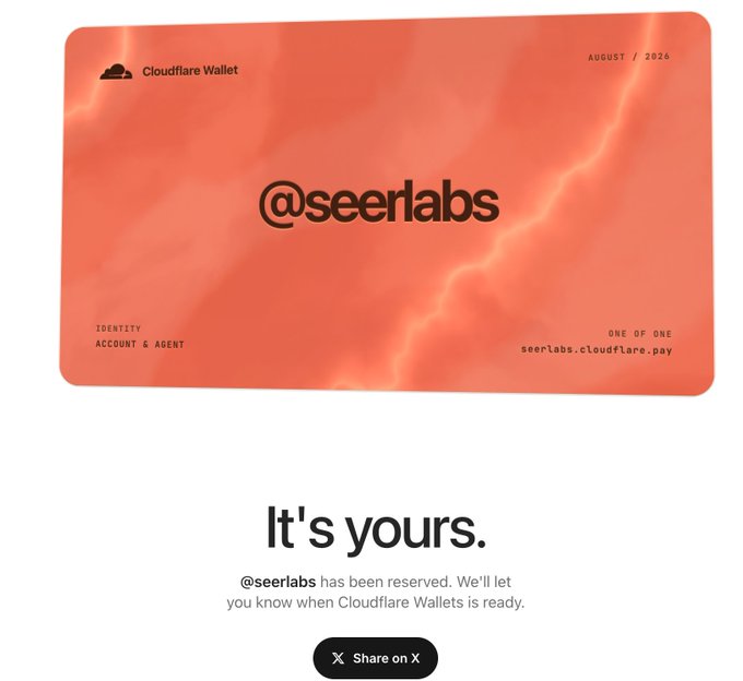 A digital Cloudflare Wallet card with an orange marbled design displays the handle "@seerlabs" and the text "It's yours. @seerlabs has been reserved. We'll let you know when Cloudflare Wallets is ready."