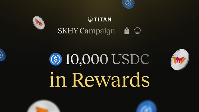 A promotional banner for a 'TITAN SKHY Campaign' advertising '10,000 USDC in Rewards' against a dark background with floating USDC and Titan coin icons.