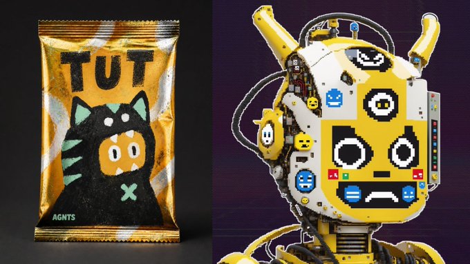 A side-by-side image featuring a snack package on the left labeled 'TUT AGNTS' with a black cat-like character, and a yellow robotic figure on the right decorated with various emoji-style faces.