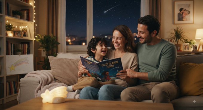 A family of three—parents and a young boy—share a warm, joyful bedtime moment on the couch reading "YILDIZLARIN ŞARKISI" (The Song of the Stars) together, with a shooting star visible through the night sky window behind them. The cozy, AI-generated scene cleverly contrasts with the post's suggestion to "drop some crypto," using the imagery of stars and the book's title as a playful nod to crypto market volatility or "moonshot" gains.