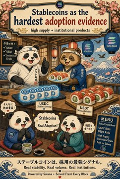 An advertisement features cartoon pandas promoting 'Stablecoins' as adoption evidence, displaying Mt. Fuji imagery and listing supported tokens including USDC, USDT, DAI, and others.