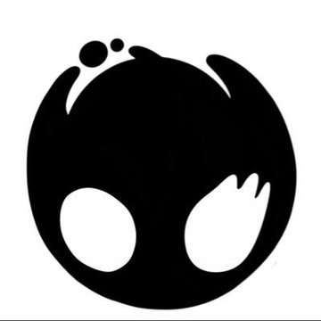 A black and white stylized graphic of an alien head with large eyes.